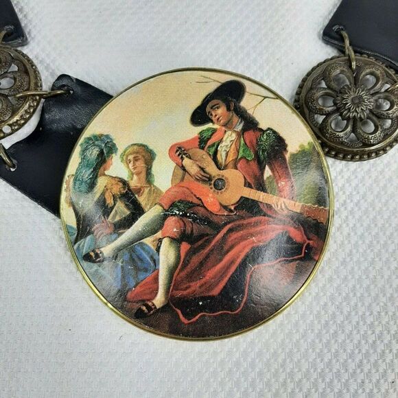 Vintage Upcycled Victorian Compact Leather Metal Belt Buckle Chain Link OSFM - Picture 2 of 8